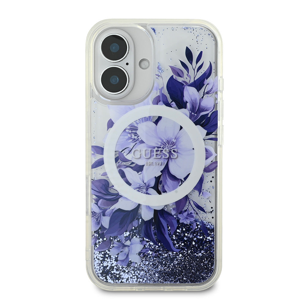 iPhone 16 Kılıf Guess Orijinal Lisanslı M-safe Şarj Özellikli Sıvılı Simli Çiçek Desenli Kılıf
