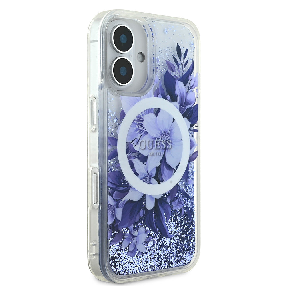 iPhone 16 Kılıf Guess Orijinal Lisanslı M-safe Şarj Özellikli Sıvılı Simli Çiçek Desenli Kılıf