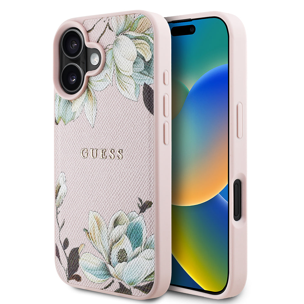 iPhone 16 Kılıf Guess Orijinal Lisanslı M-safe Şarj Özellikli Taneli Çiçek Tasarımlı Metal Yazı Logolu Kılıf