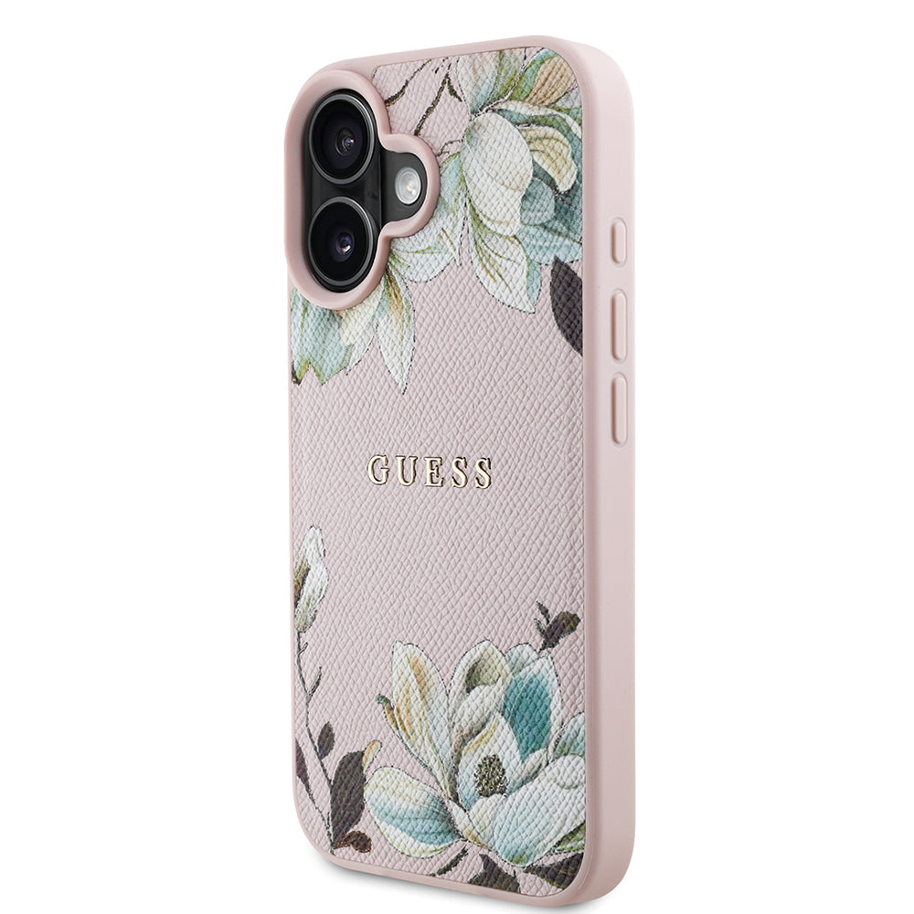 iPhone 16 Kılıf Guess Orijinal Lisanslı M-safe Şarj Özellikli Taneli Çiçek Tasarımlı Metal Yazı Logolu Kılıf
