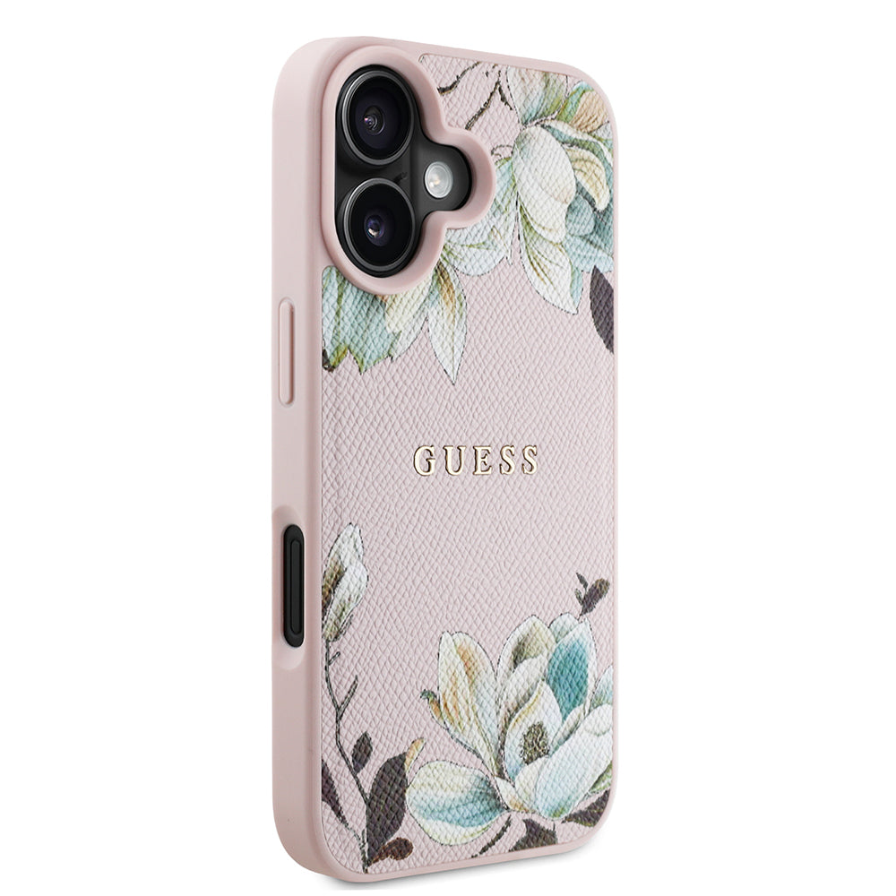 iPhone 16 Kılıf Guess Orijinal Lisanslı M-safe Şarj Özellikli Taneli Çiçek Tasarımlı Metal Yazı Logolu Kılıf