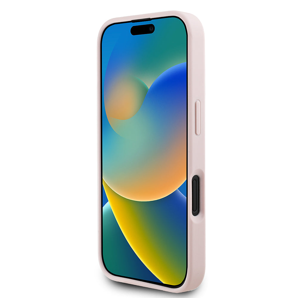 iPhone 16 Kılıf Guess Orijinal Lisanslı M-safe Şarj Özellikli Taneli Çiçek Tasarımlı Metal Yazı Logolu Kılıf