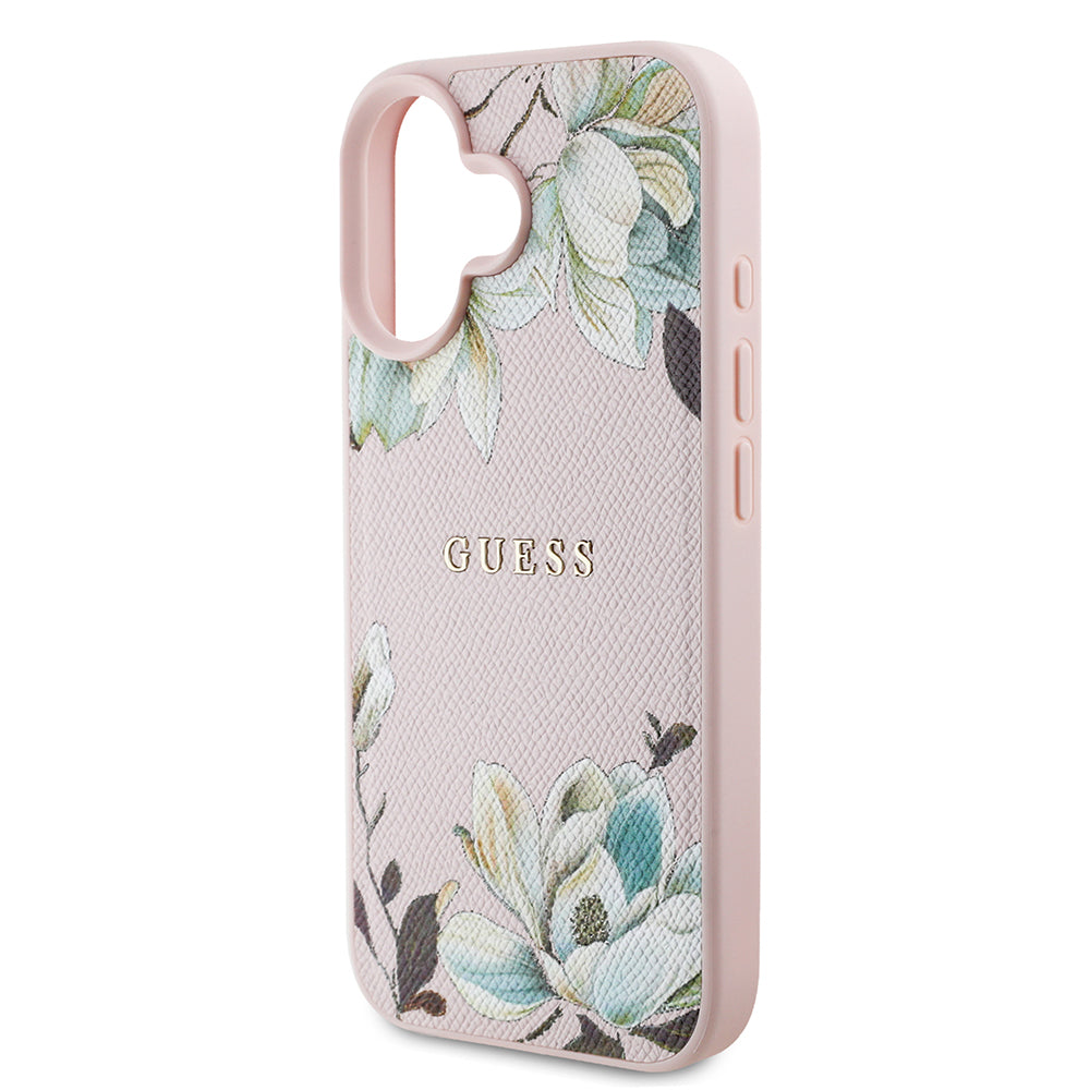 iPhone 16 Kılıf Guess Orijinal Lisanslı M-safe Şarj Özellikli Taneli Çiçek Tasarımlı Metal Yazı Logolu Kılıf