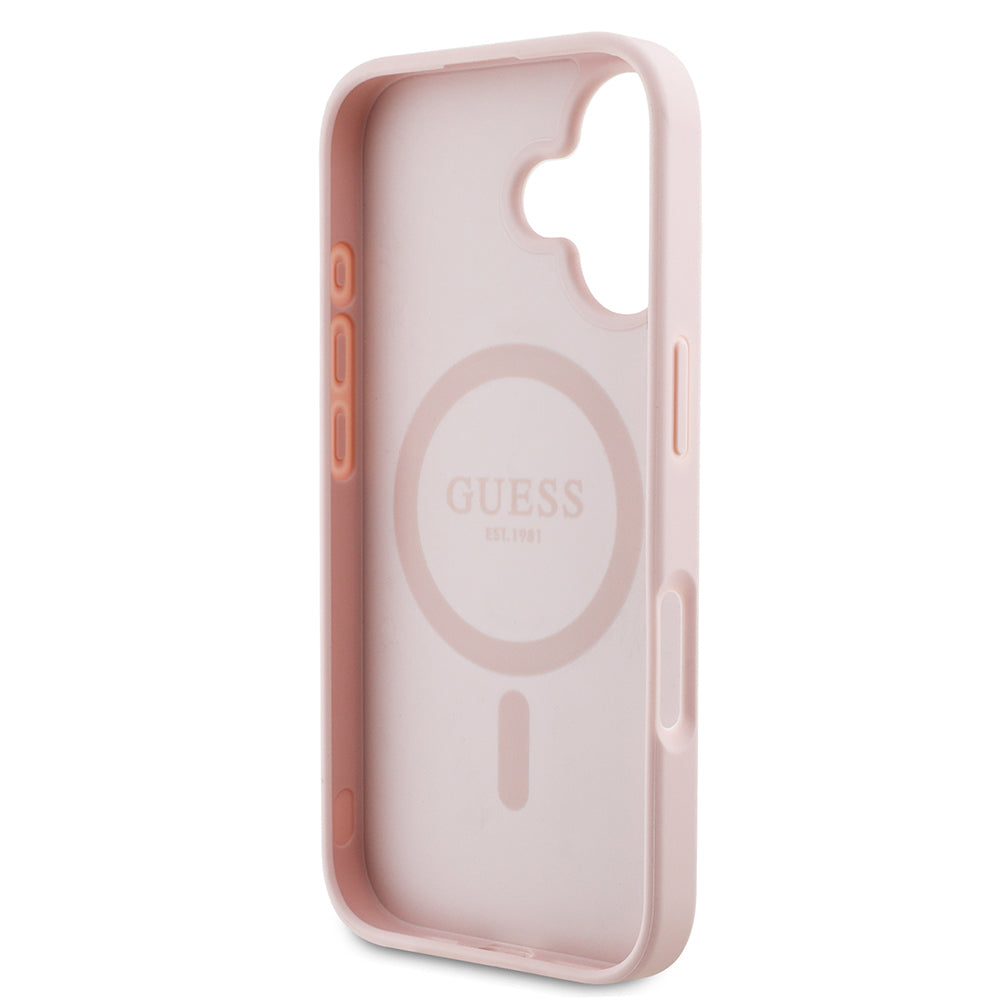 iPhone 16 Kılıf Guess Orijinal Lisanslı M-safe Şarj Özellikli Taneli Çiçek Tasarımlı Metal Yazı Logolu Kılıf