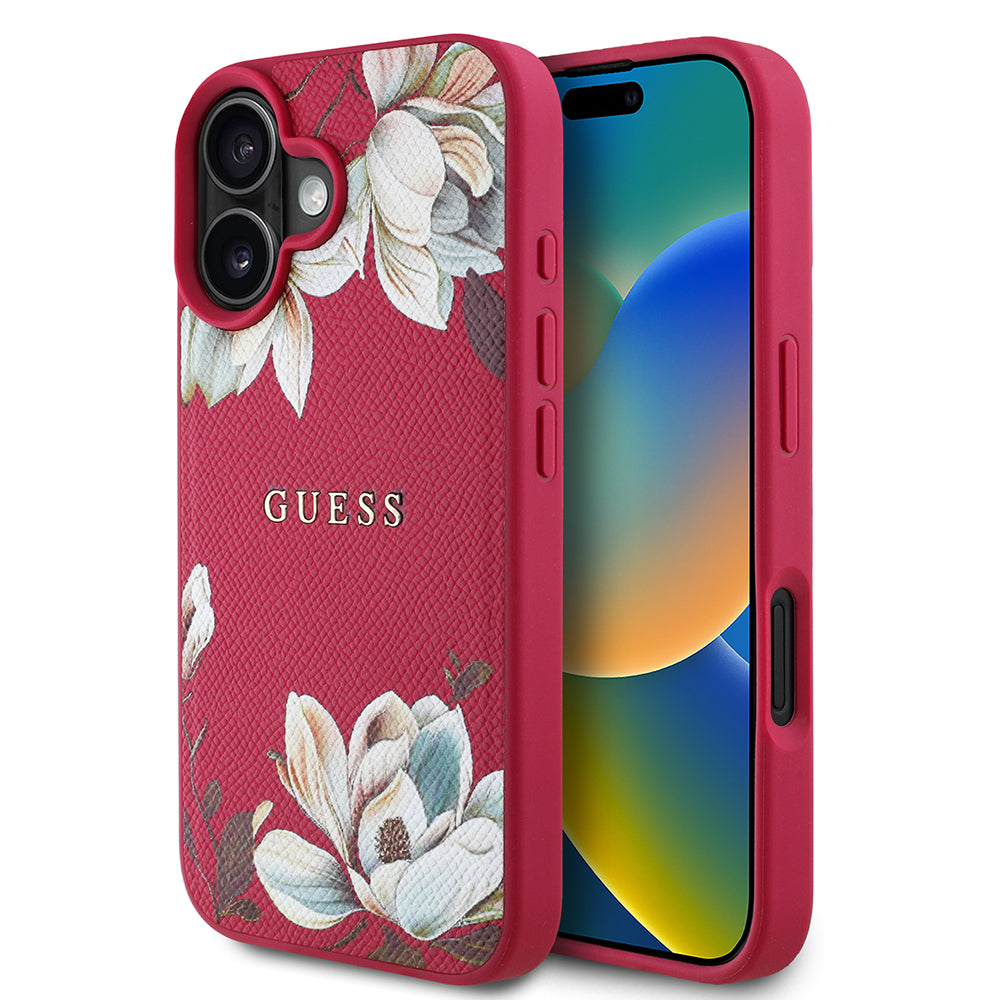 iPhone 16 Kılıf Guess Orijinal Lisanslı M-safe Şarj Özellikli Taneli Çiçek Tasarımlı Metal Yazı Logolu Kılıf