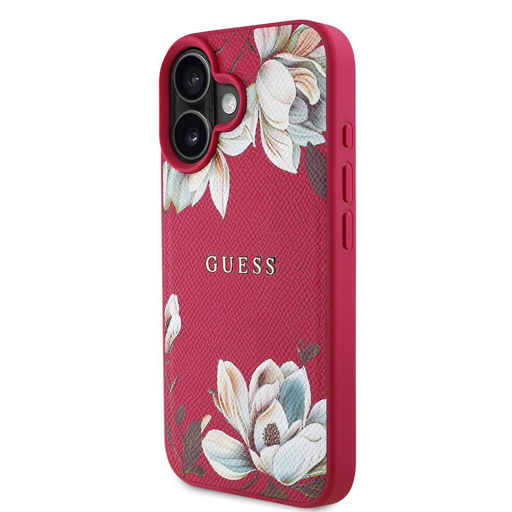 iPhone 16 Kılıf Guess Orijinal Lisanslı M-safe Şarj Özellikli Taneli Çiçek Tasarımlı Metal Yazı Logolu Kılıf