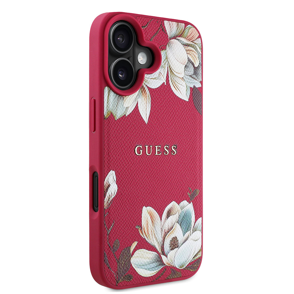 iPhone 16 Kılıf Guess Orijinal Lisanslı M-safe Şarj Özellikli Taneli Çiçek Tasarımlı Metal Yazı Logolu Kılıf