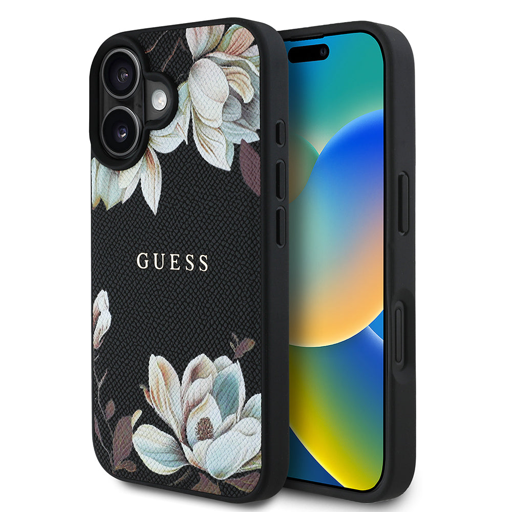 iPhone 16 Kılıf Guess Orijinal Lisanslı M-safe Şarj Özellikli Taneli Çiçek Tasarımlı Metal Yazı Logolu Kılıf