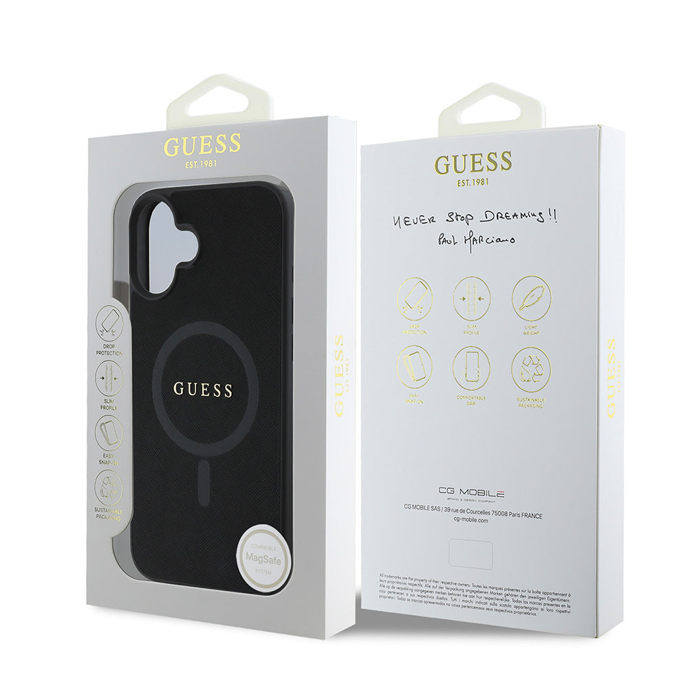iPhone 16 Kılıf Guess Orijinal Lisanslı M-safe Şarj Özellikli Yazı Logolu Saffiano Classic Kılıf