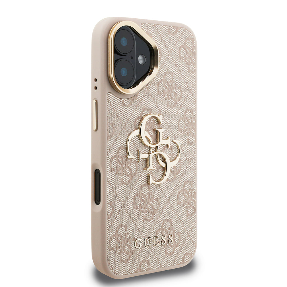 iPhone 16 Kılıf Guess Orijinal Lisanslı PU Deri 4G Desenli Metal Büyük 4G ve Yazı Logolu Kamera Standlı Kılıf