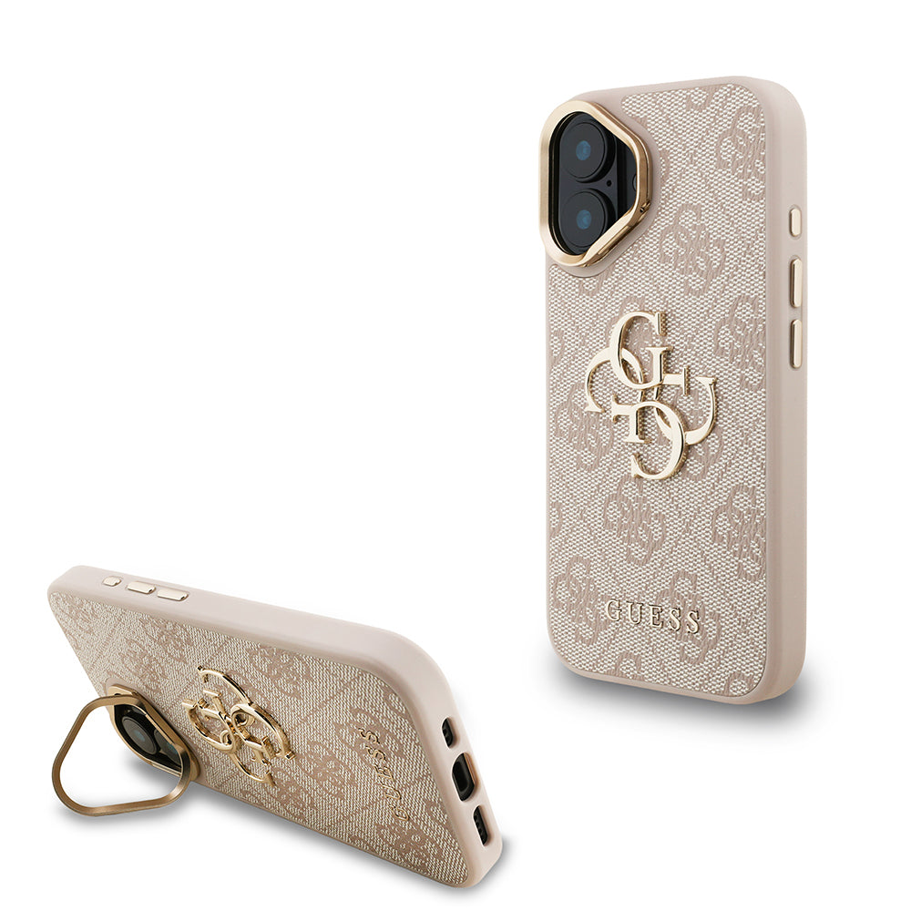 iPhone 16 Kılıf Guess Orijinal Lisanslı PU Deri 4G Desenli Metal Büyük 4G ve Yazı Logolu Kamera Standlı Kılıf