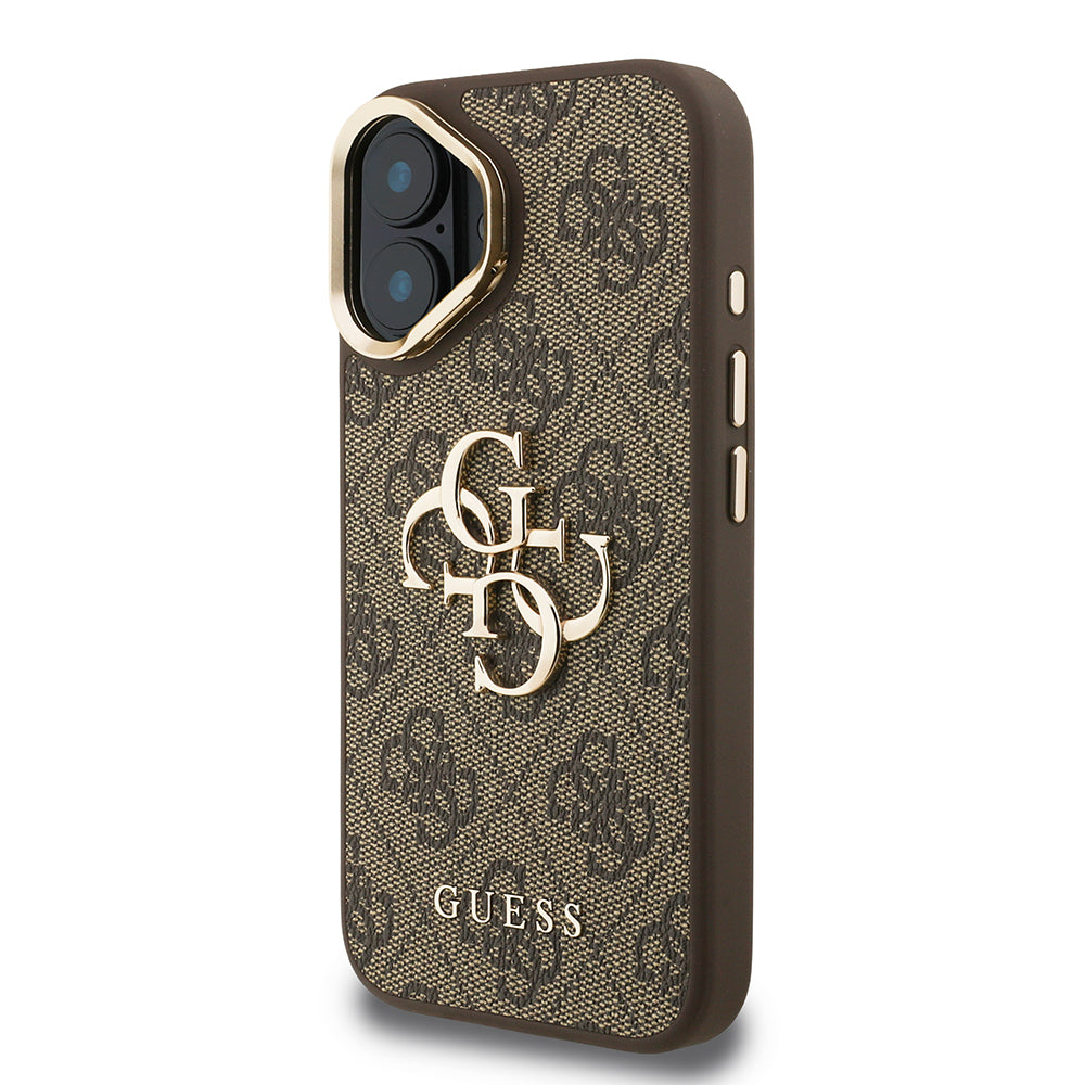 iPhone 16 Kılıf Guess Orijinal Lisanslı PU Deri 4G Desenli Metal Büyük 4G ve Yazı Logolu Kamera Standlı Kılıf