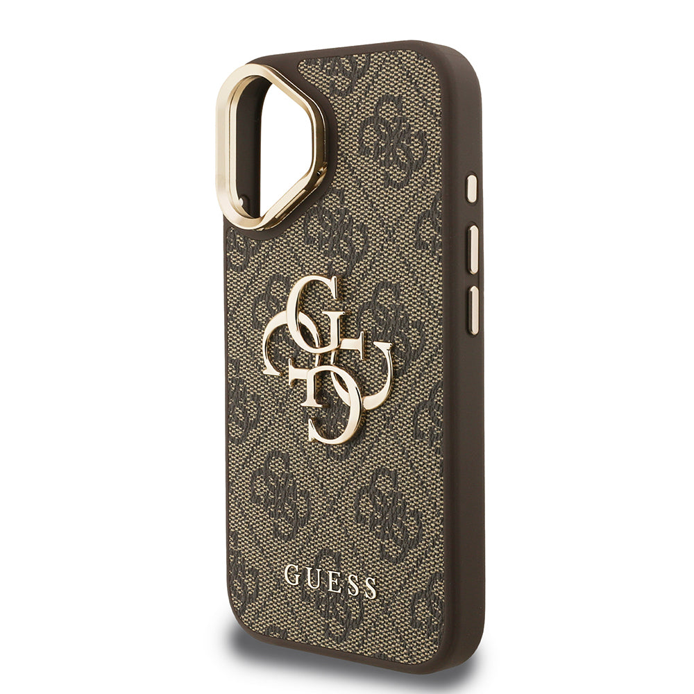iPhone 16 Kılıf Guess Orijinal Lisanslı PU Deri 4G Desenli Metal Büyük 4G ve Yazı Logolu Kamera Standlı Kılıf