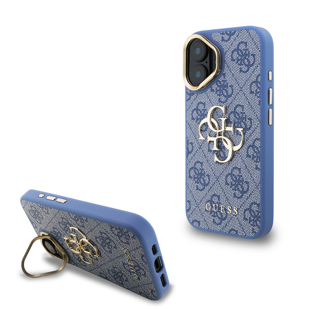 iPhone 16 Kılıf Guess Orijinal Lisanslı PU Deri 4G Desenli Metal Büyük 4G ve Yazı Logolu Kamera Standlı Kılıf