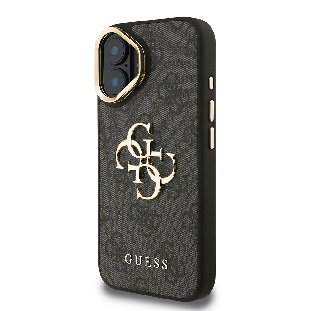 iPhone 16 Kılıf Guess Orijinal Lisanslı PU Deri 4G Desenli Metal Büyük 4G ve Yazı Logolu Kamera Standlı Kılıf