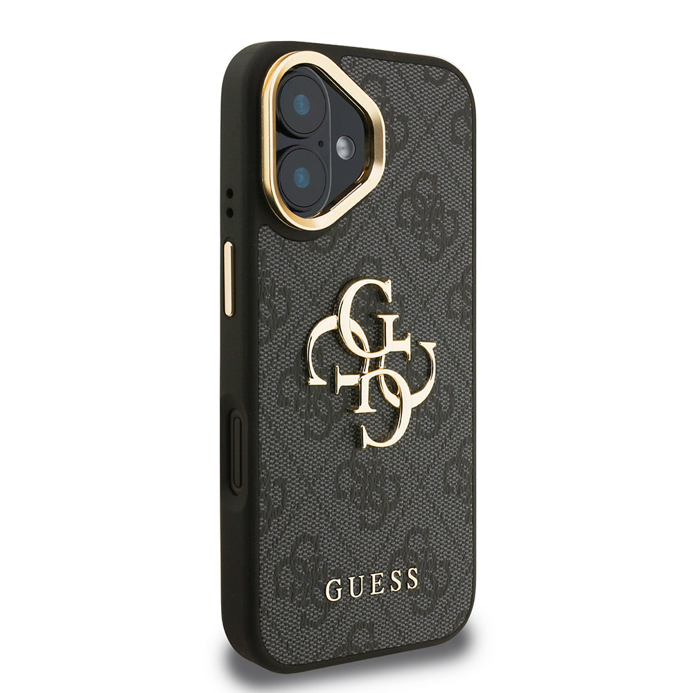 iPhone 16 Kılıf Guess Orijinal Lisanslı PU Deri 4G Desenli Metal Büyük 4G ve Yazı Logolu Kamera Standlı Kılıf