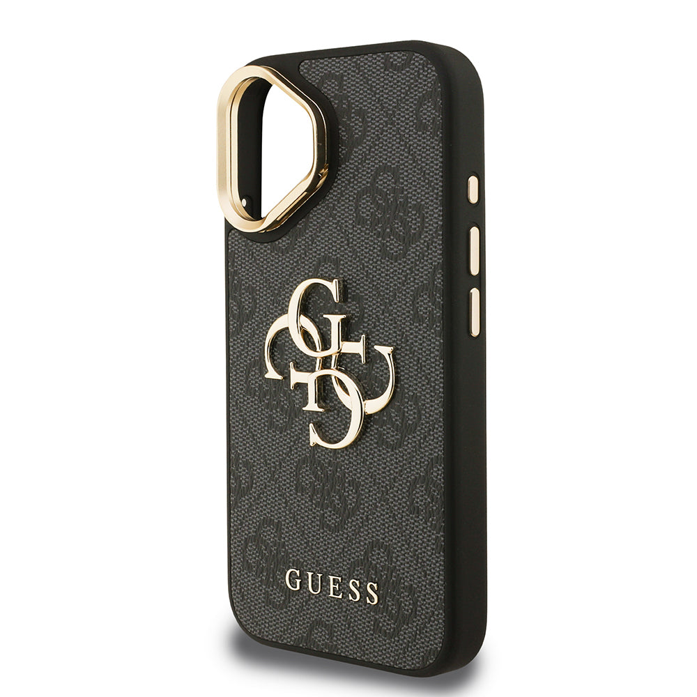 iPhone 16 Kılıf Guess Orijinal Lisanslı PU Deri 4G Desenli Metal Büyük 4G ve Yazı Logolu Kamera Standlı Kılıf
