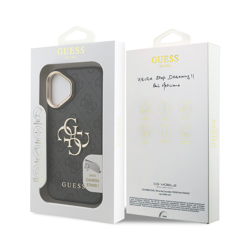 iPhone 16 Kılıf Guess Orijinal Lisanslı PU Deri 4G Desenli Metal Büyük 4G ve Yazı Logolu Kamera Standlı Kılıf