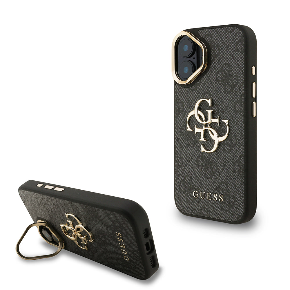 iPhone 16 Kılıf Guess Orijinal Lisanslı PU Deri 4G Desenli Metal Büyük 4G ve Yazı Logolu Kamera Standlı Kılıf