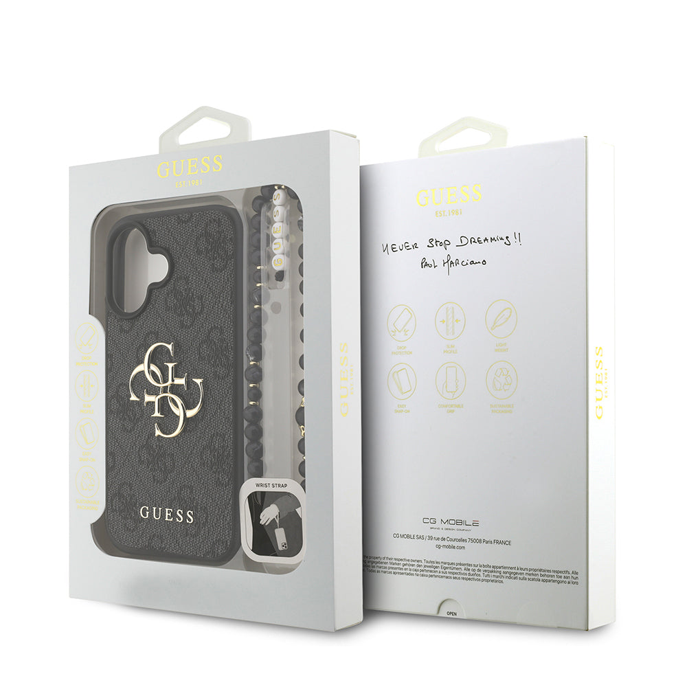 iPhone 16 Kılıf Guess Orijinal Lisanslı PU Deri Bilek Askı İpli Metal Büyük 4G ve Yazı Logolu Kılıf