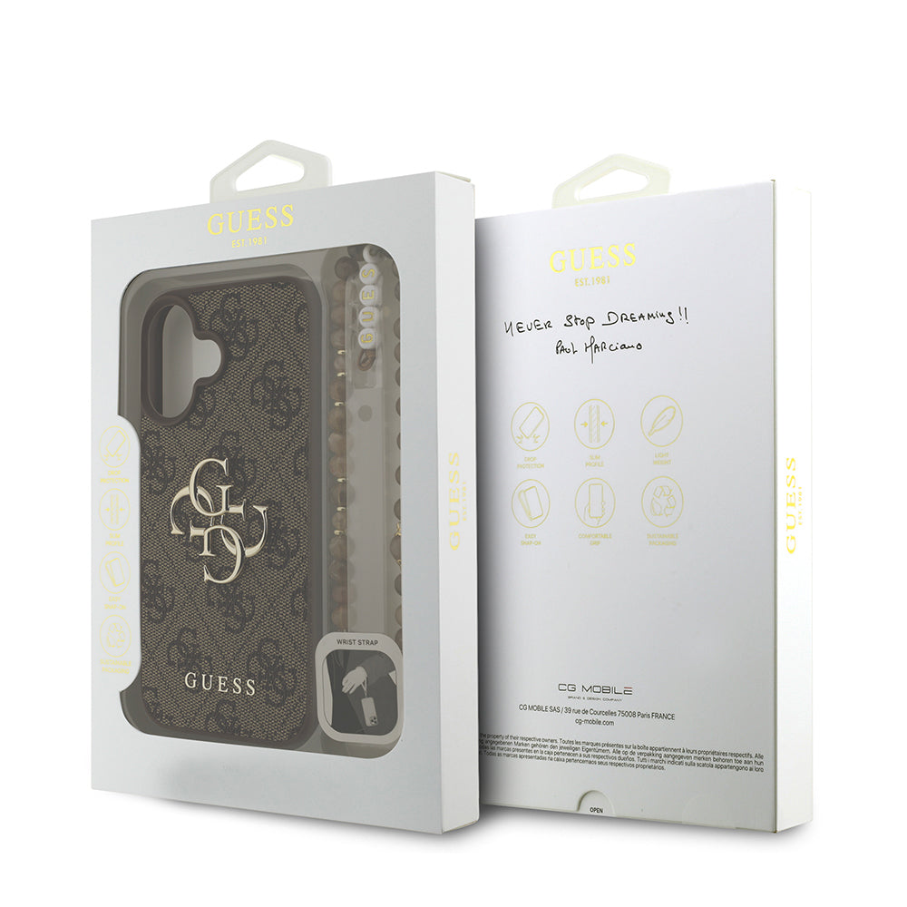 iPhone 16 Kılıf Guess Orijinal Lisanslı PU Deri Bilek Askı İpli Metal Büyük 4G ve Yazı Logolu Kılıf