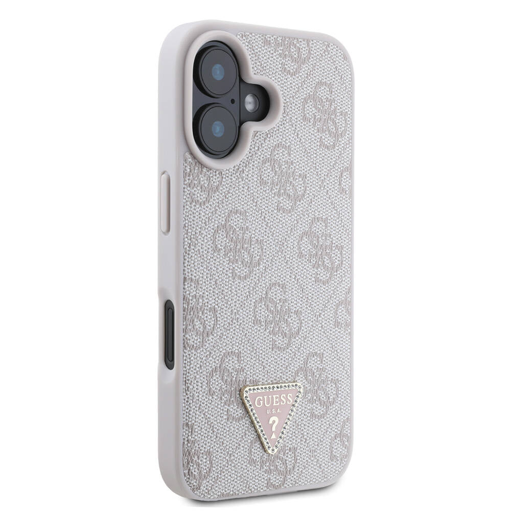 iPhone 16 Kılıf Guess Orijinal Lisanslı PU Deri Taşlı Metal Üçgen Logolu Çapraz Vücut Askılı 4G Desenli Kılıf