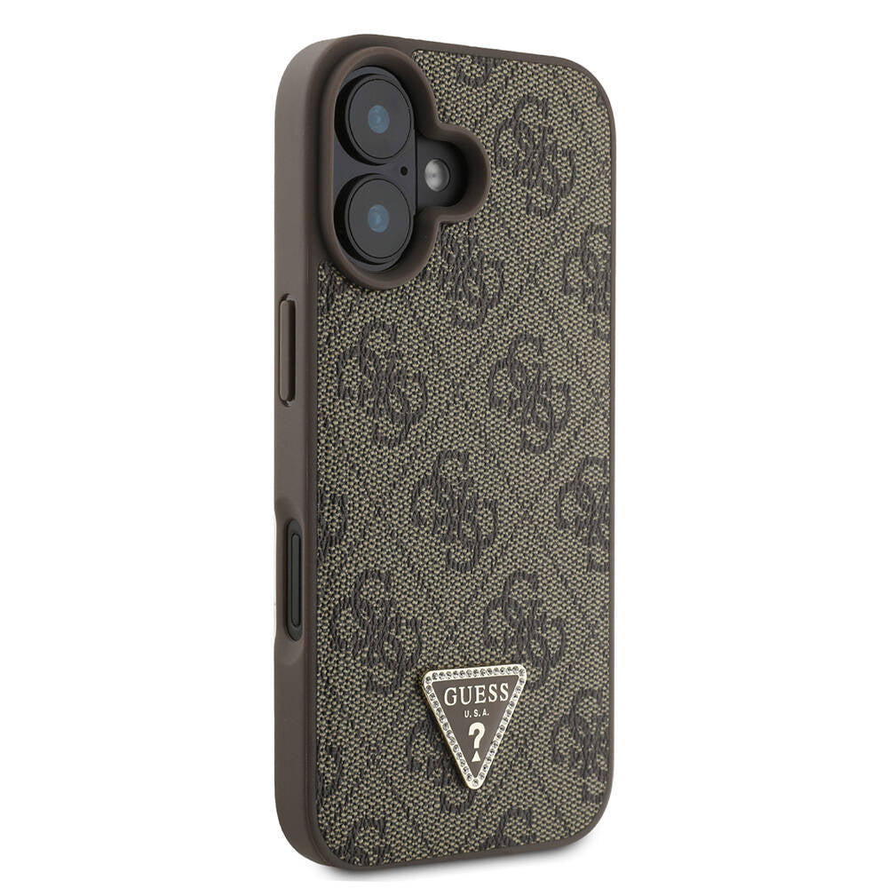 iPhone 16 Kılıf Guess Orijinal Lisanslı PU Deri Taşlı Metal Üçgen Logolu Çapraz Vücut Askılı 4G Desenli Kılıf