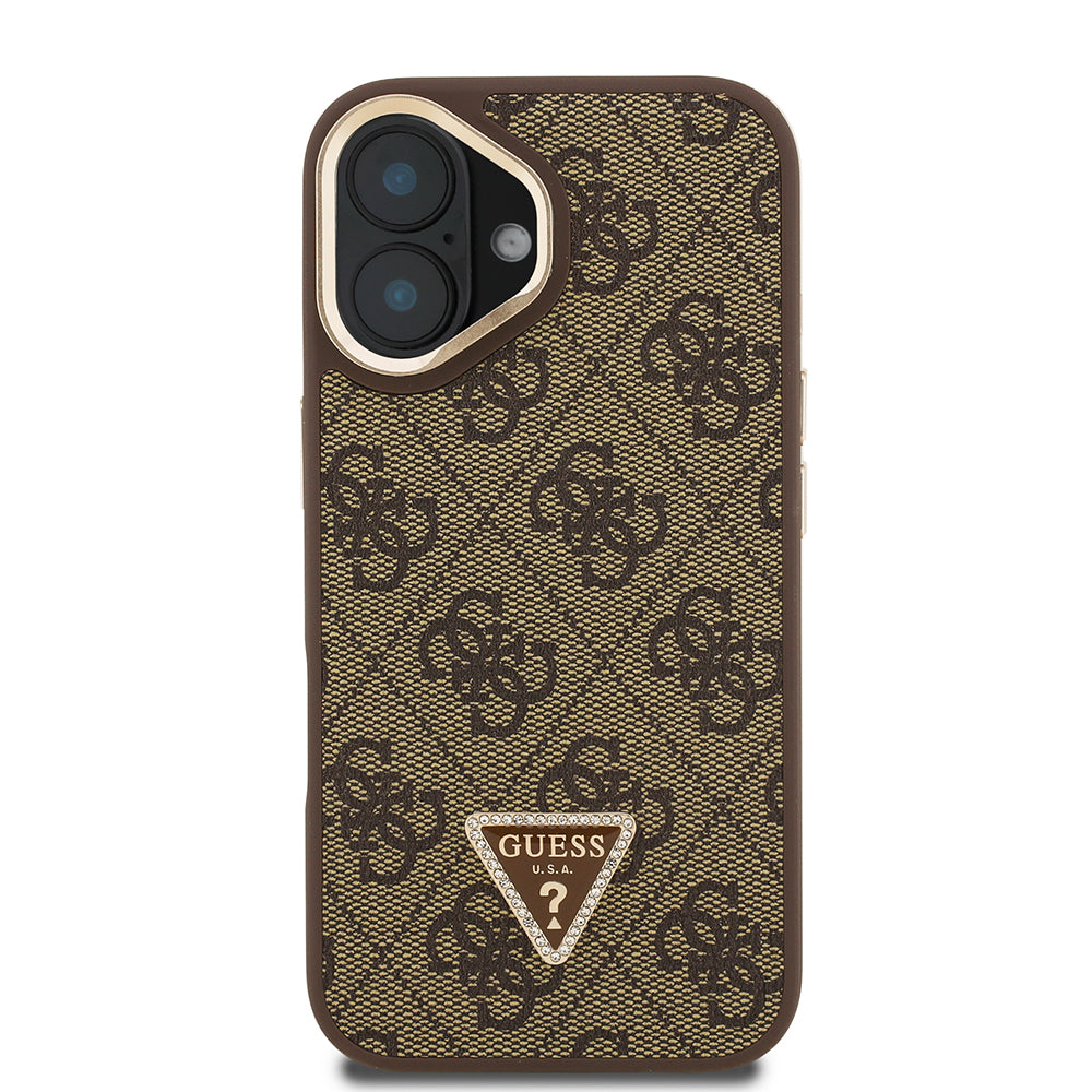 iPhone 16 Kılıf Guess Orijinal Lisanslı PU Deri Taşlı Üçgen Logo 4G Desenli Kamera Standlı Kılıf