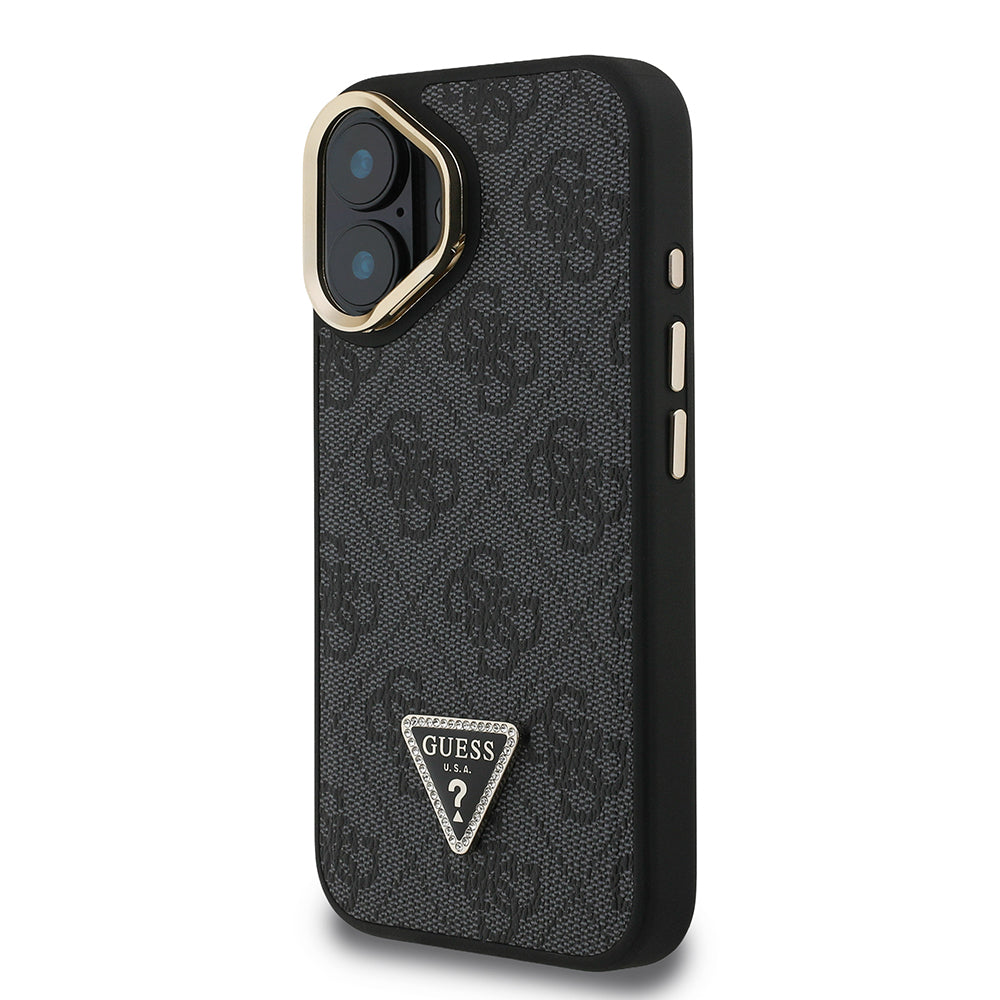 iPhone 16 Kılıf Guess Orijinal Lisanslı PU Deri Taşlı Üçgen Logo 4G Desenli Kamera Standlı Kılıf