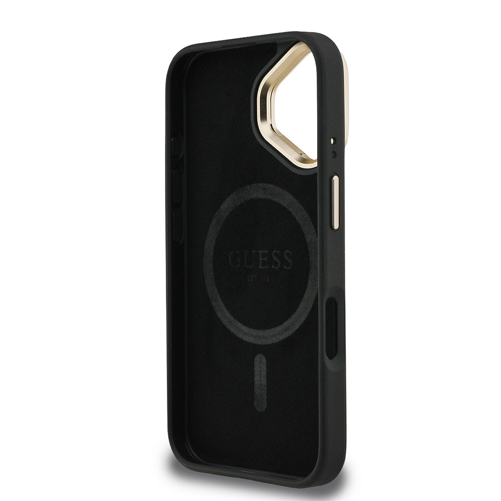 iPhone 16 Kılıf Guess Orijinal Lisanslı PU Deri Taşlı Üçgen Logo 4G Desenli Kamera Standlı Kılıf