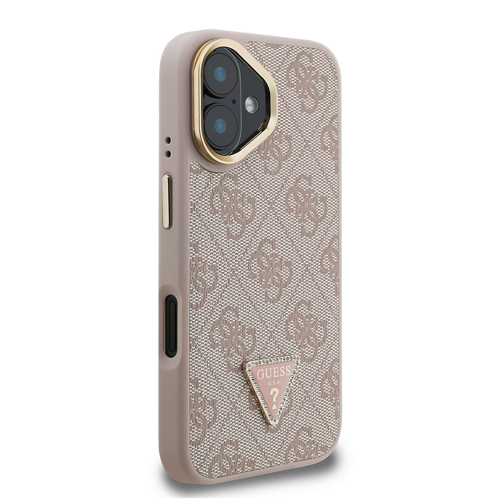 iPhone 16 Kılıf Guess Orijinal Lisanslı PU Deri Taşlı Üçgen Logo 4G Desenli Kamera Standlı Kılıf