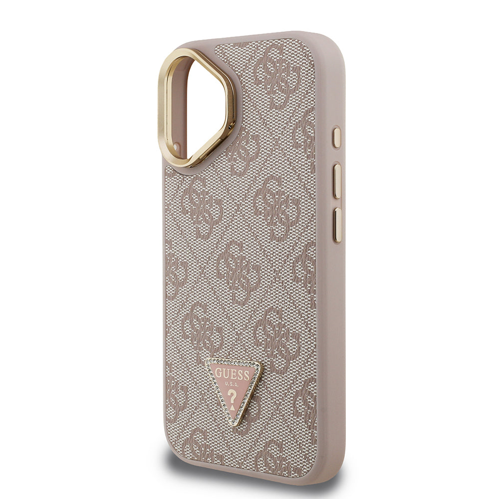 iPhone 16 Kılıf Guess Orijinal Lisanslı PU Deri Taşlı Üçgen Logo 4G Desenli Kamera Standlı Kılıf