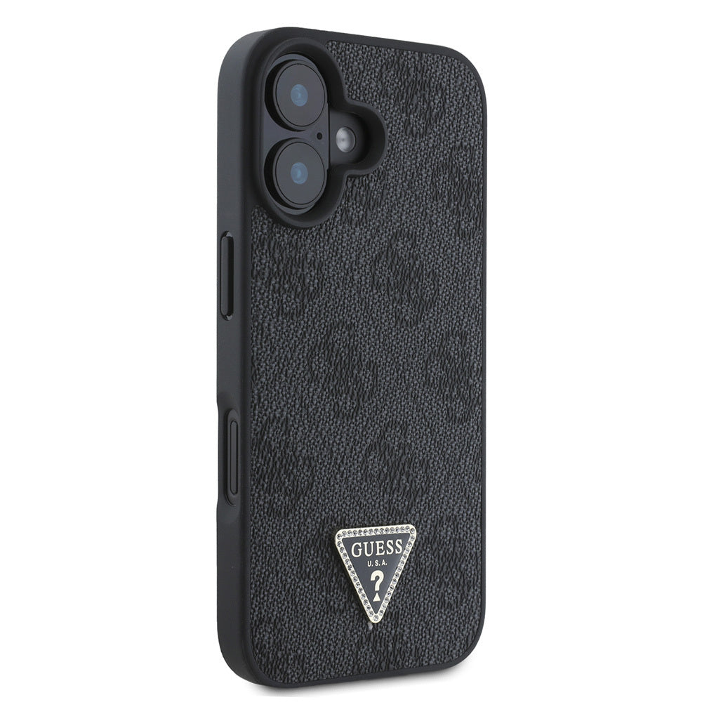 iPhone 16 Kılıf Guess Orijinal Lisanslı PU Deri Taşlı Üçgen Logo 4G Desenli Strass Kılıf