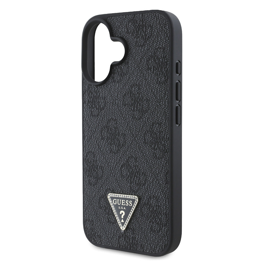 iPhone 16 Kılıf Guess Orijinal Lisanslı PU Deri Taşlı Üçgen Logo 4G Desenli Strass Kılıf