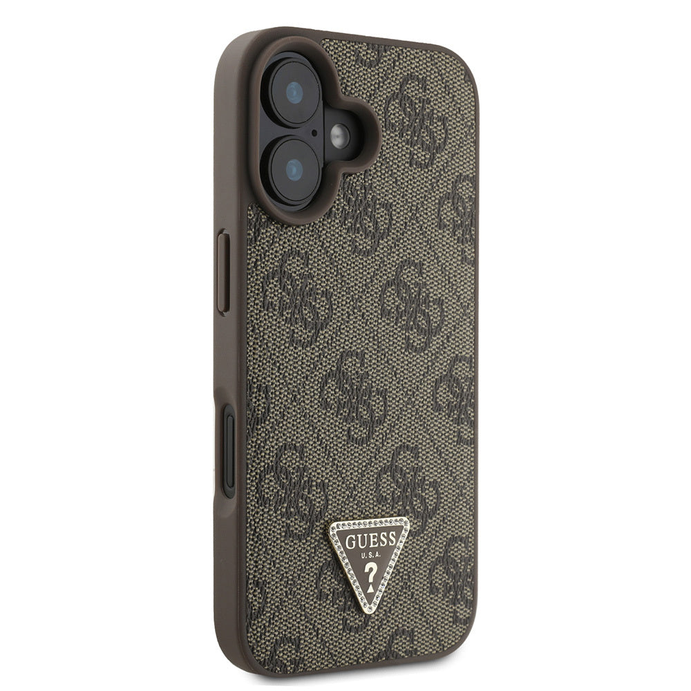iPhone 16 Kılıf Guess Orijinal Lisanslı PU Deri Taşlı Üçgen Logo 4G Desenli Strass Kılıf