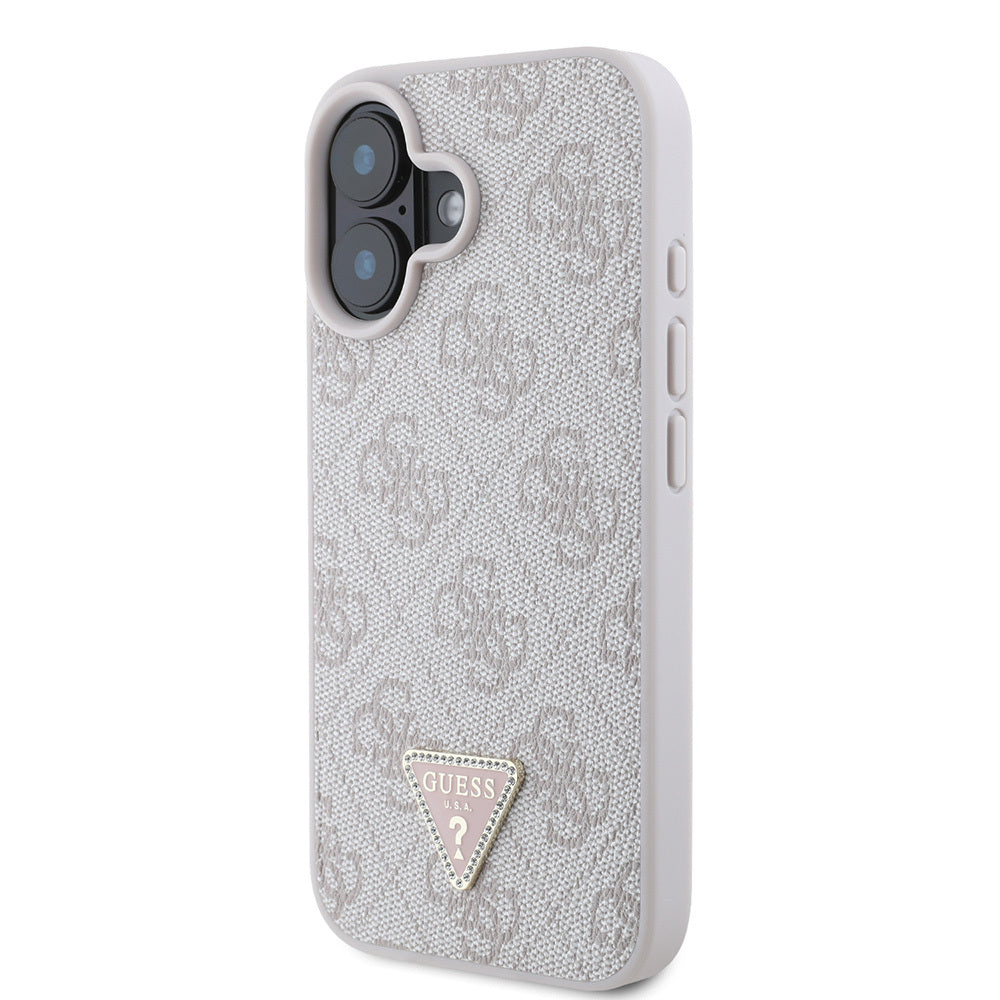 iPhone 16 Kılıf Guess Orijinal Lisanslı PU Deri Taşlı Üçgen Logo 4G Desenli Strass Kılıf