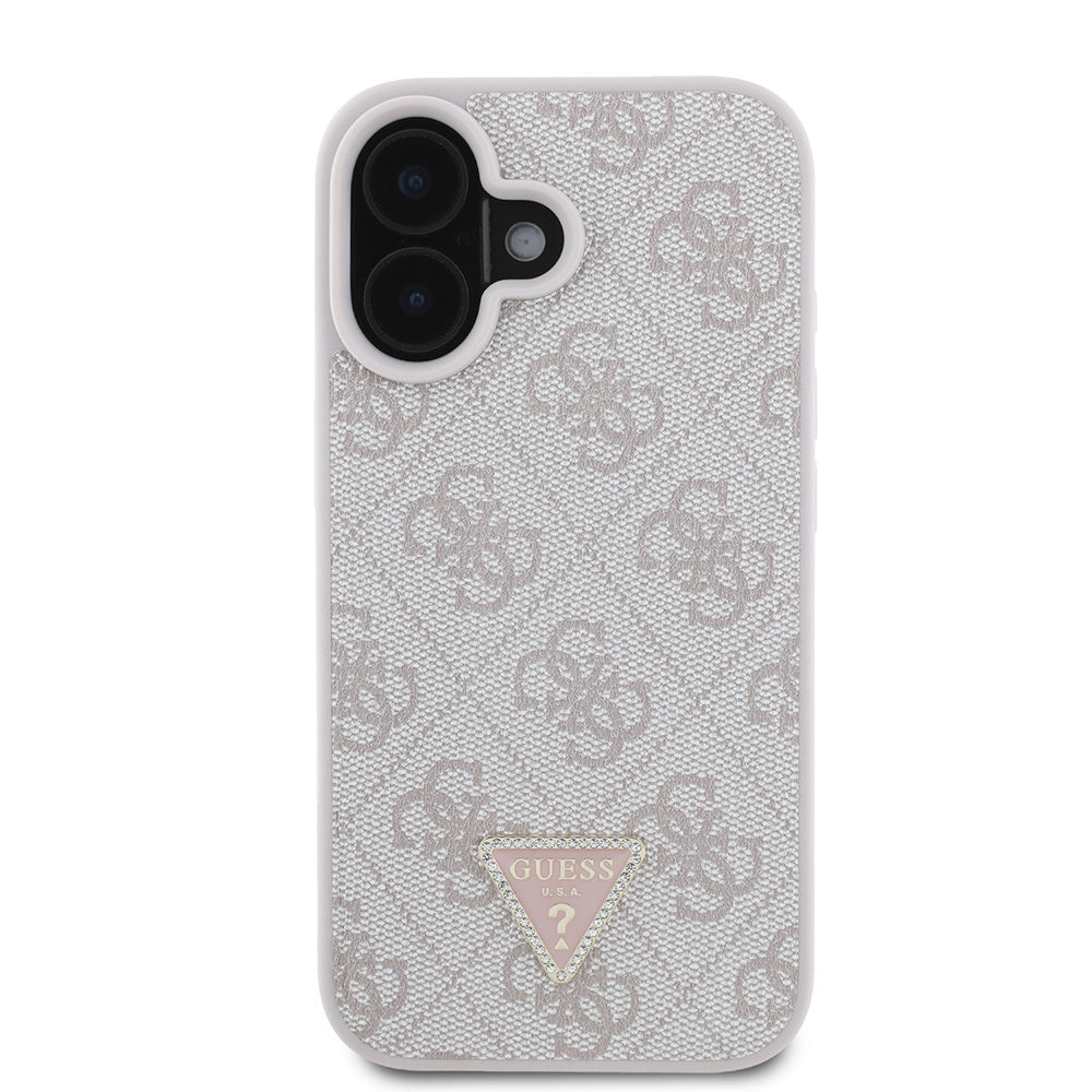 iPhone 16 Kılıf Guess Orijinal Lisanslı PU Deri Taşlı Üçgen Logo 4G Desenli Strass Kılıf