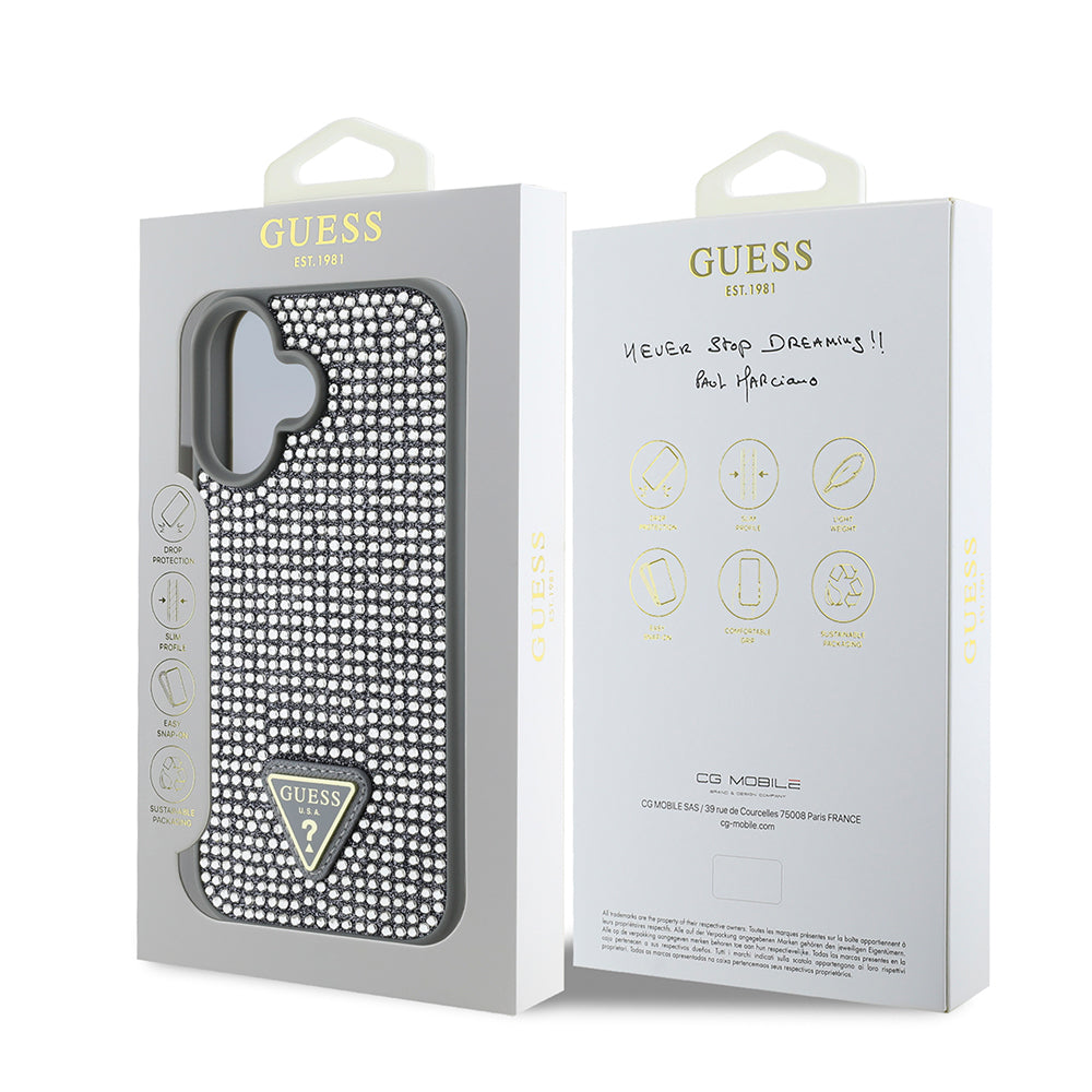 iPhone 16 Kılıf Guess Orijinal Lisanslı Taşlı Arka Yüzey Üçgen Logolu Kılıf