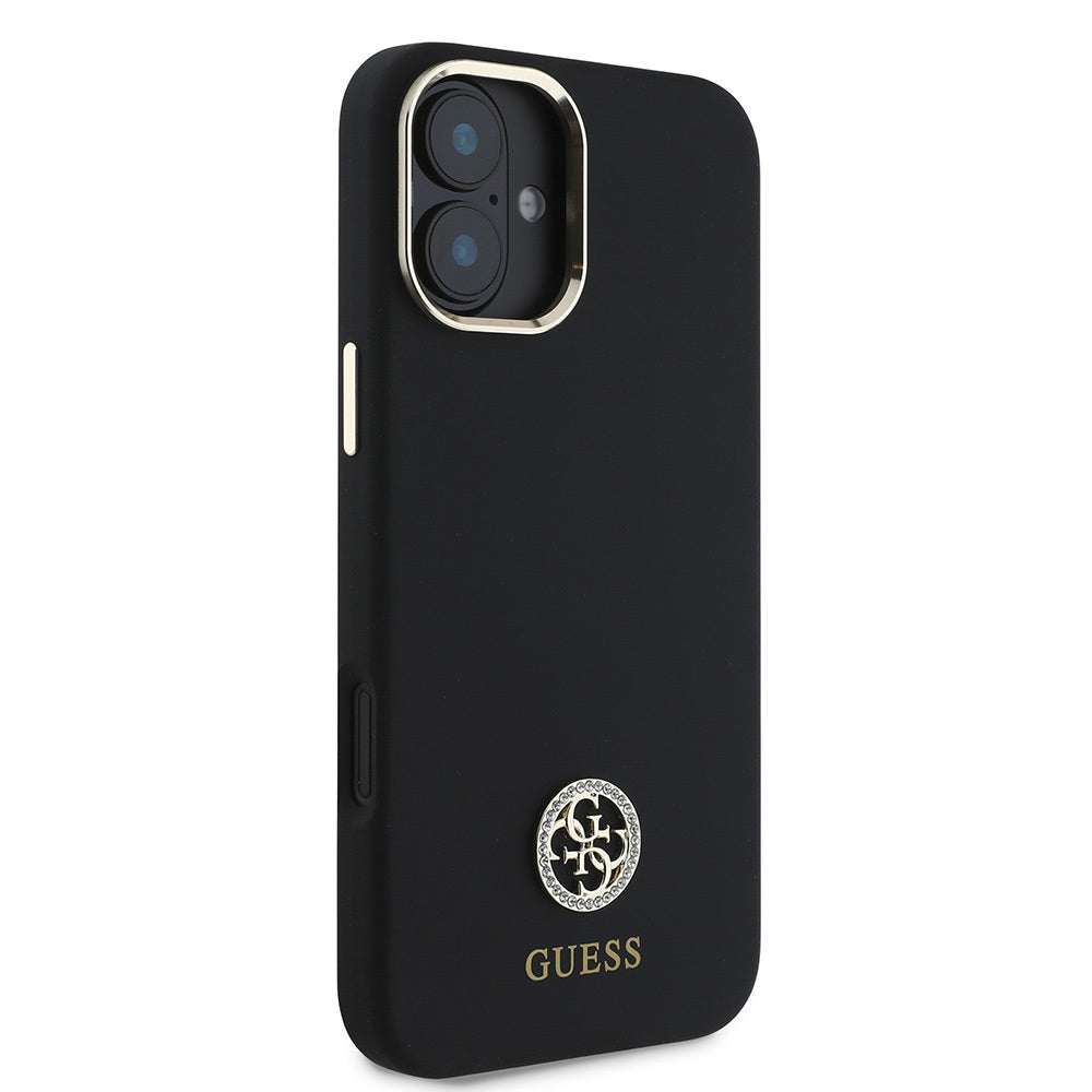 iPhone 16 Kılıf Guess Orijinal Lisanslı Yazı ve Taşlı 4G Logolu Metal Kamera Çerçeveli Silikon Kılıf
