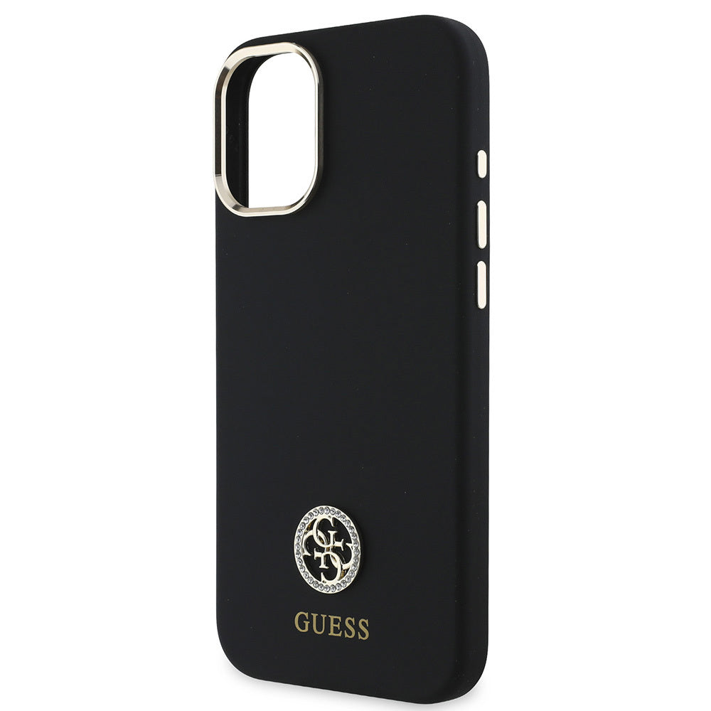 iPhone 16 Kılıf Guess Orijinal Lisanslı Yazı ve Taşlı 4G Logolu Metal Kamera Çerçeveli Silikon Kılıf