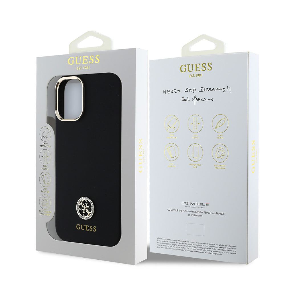 iPhone 16 Kılıf Guess Orijinal Lisanslı Yazı ve Taşlı 4G Logolu Metal Kamera Çerçeveli Silikon Kılıf