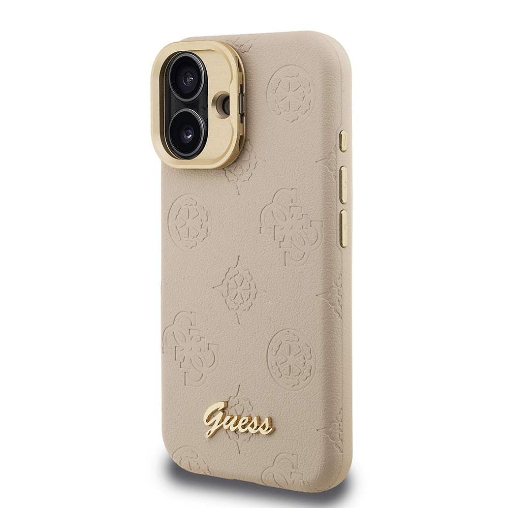 iPhone 16 Kılıf Guess orijinal Lisanslı M-safe Şarj Özellikli Sıcak Baskılı Yazı Logolu Kamera Standlı PU Deri Peony Kılıf
