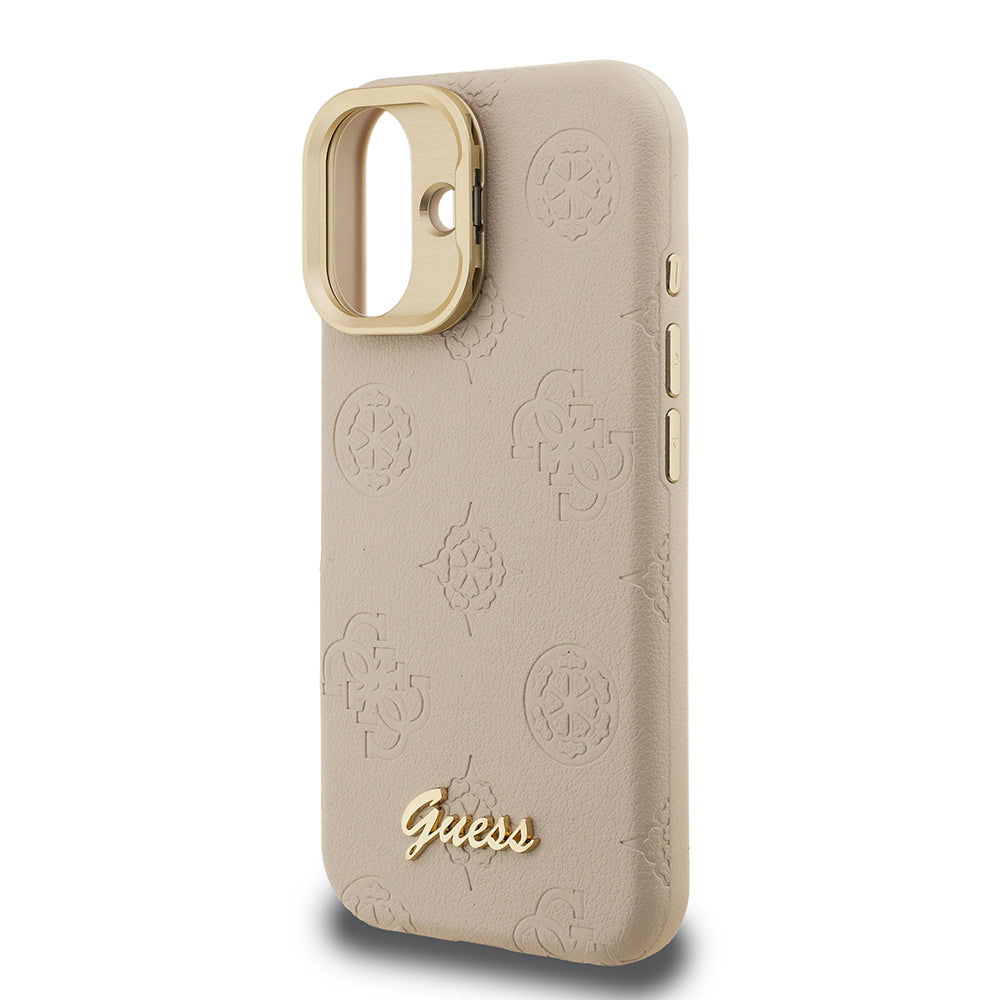 iPhone 16 Kılıf Guess orijinal Lisanslı M-safe Şarj Özellikli Sıcak Baskılı Yazı Logolu Kamera Standlı PU Deri Peony Kılıf