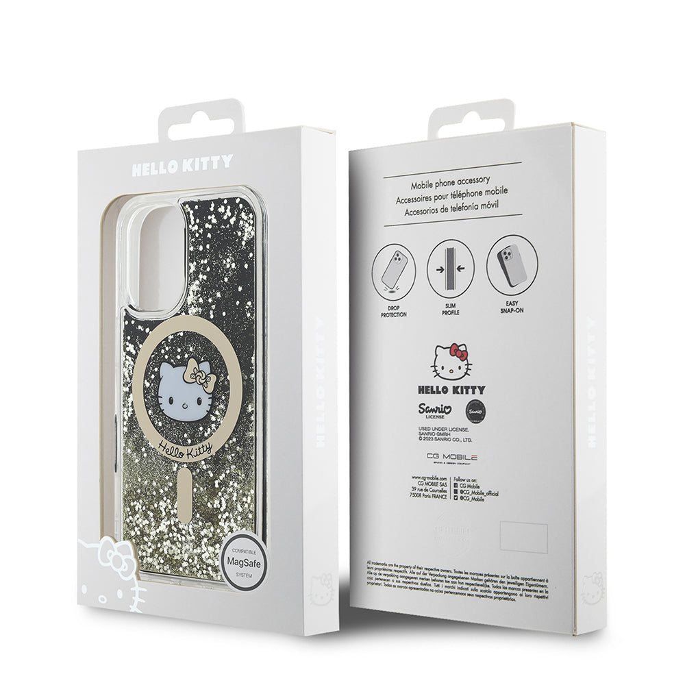 iPhone 16 Kılıf Hello Kitty Orijinal Lisanslı M-safe Şarj Özellikli IML Baskı Kitty Head Logolu Sıvılı Simli Altın Ateşi Kılıf