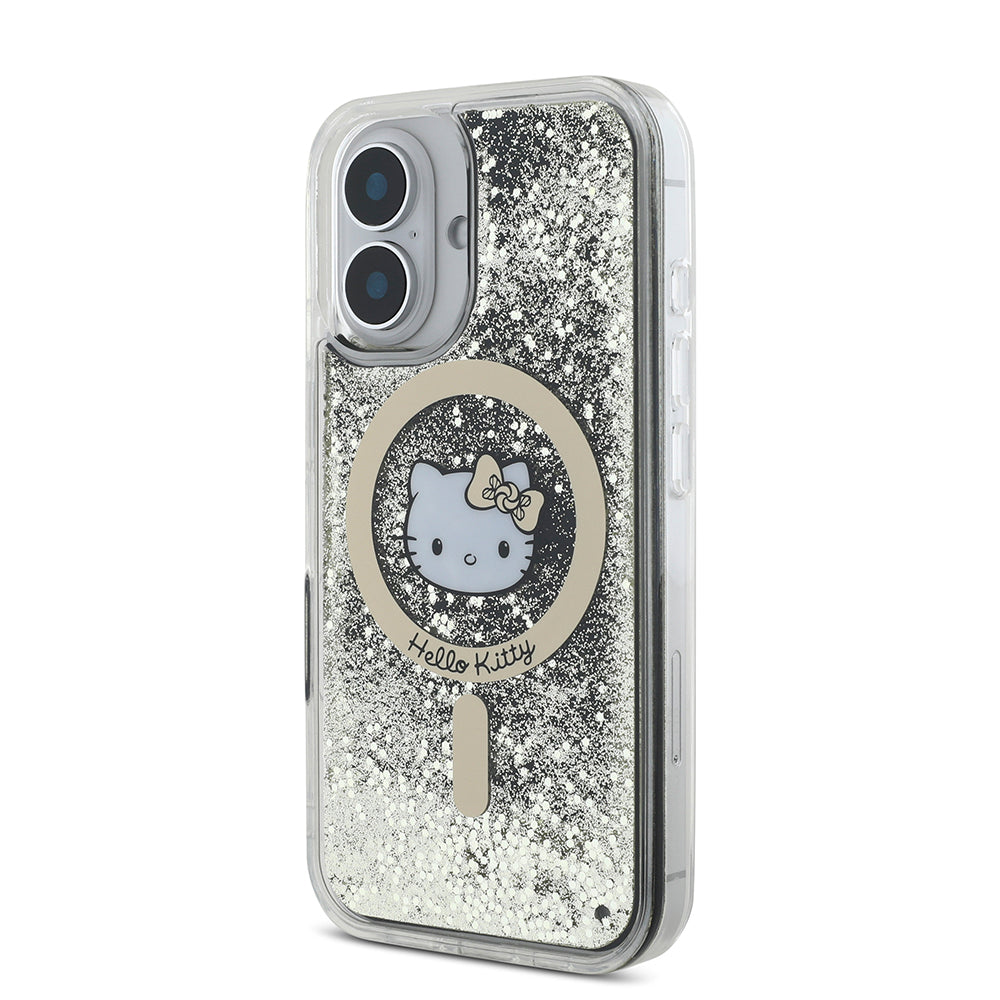 iPhone 16 Kılıf Hello Kitty Orijinal Lisanslı M-safe Şarj Özellikli IML Baskı Kitty Head Logolu Sıvılı Simli Altın Ateşi Kılıf