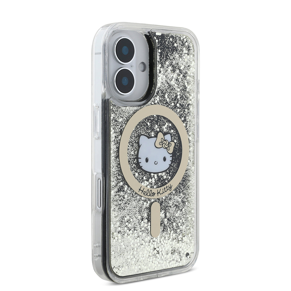 iPhone 16 Kılıf Hello Kitty Orijinal Lisanslı M-safe Şarj Özellikli IML Baskı Kitty Head Logolu Sıvılı Simli Altın Ateşi Kılıf