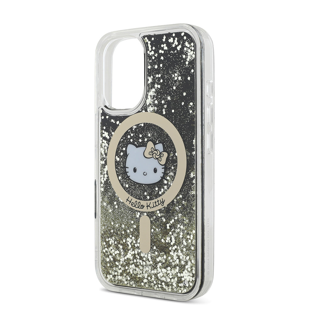 iPhone 16 Kılıf Hello Kitty Orijinal Lisanslı M-safe Şarj Özellikli IML Baskı Kitty Head Logolu Sıvılı Simli Altın Ateşi Kılıf