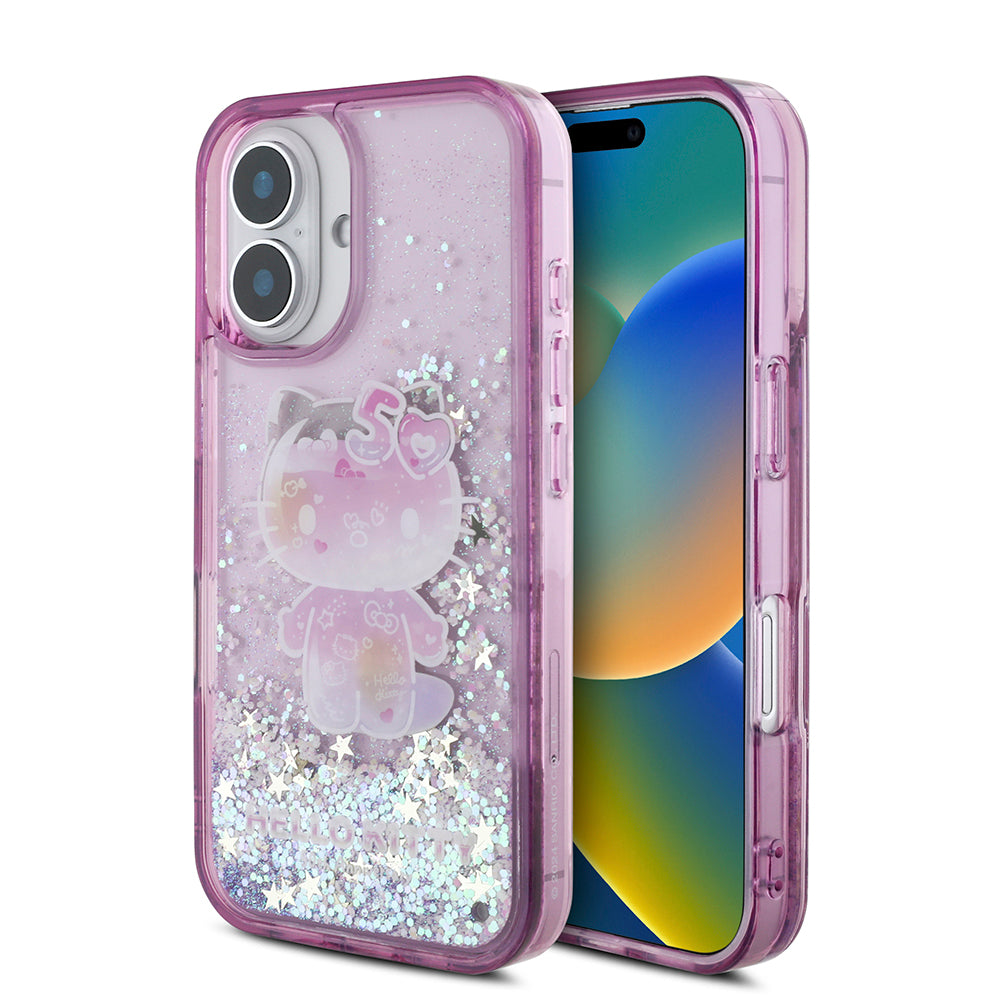 iPhone 16 Kılıf Hello Kitty Orijinal Lisanslı Sıvılı Simli 50. Yıldönümü Partisi Kılıf