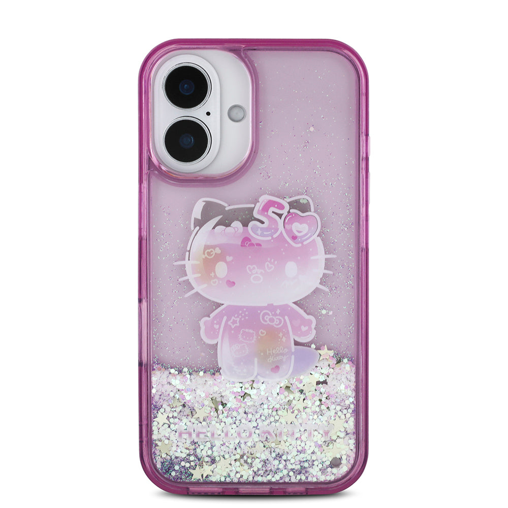 iPhone 16 Kılıf Hello Kitty Orijinal Lisanslı Sıvılı Simli 50. Yıldönümü Partisi Kılıf