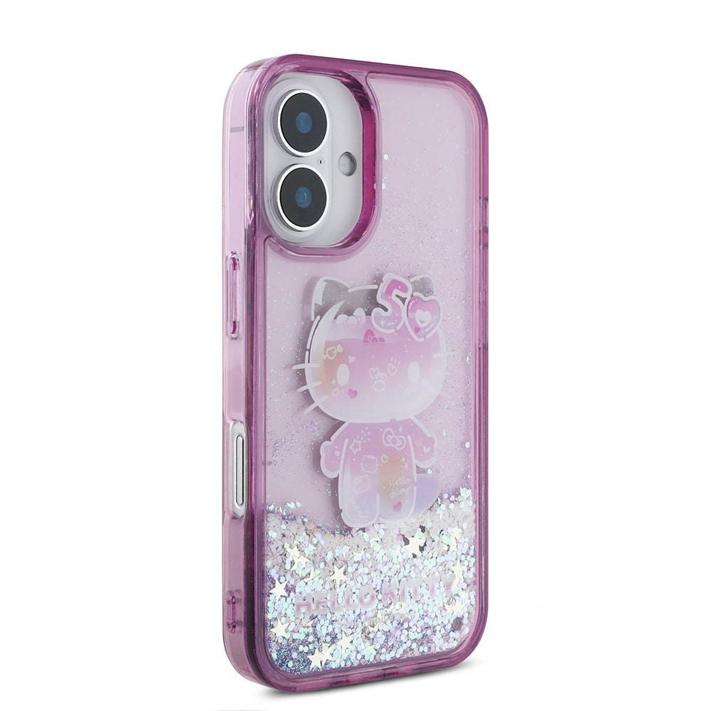 iPhone 16 Kılıf Hello Kitty Orijinal Lisanslı Sıvılı Simli 50. Yıldönümü Partisi Kılıf